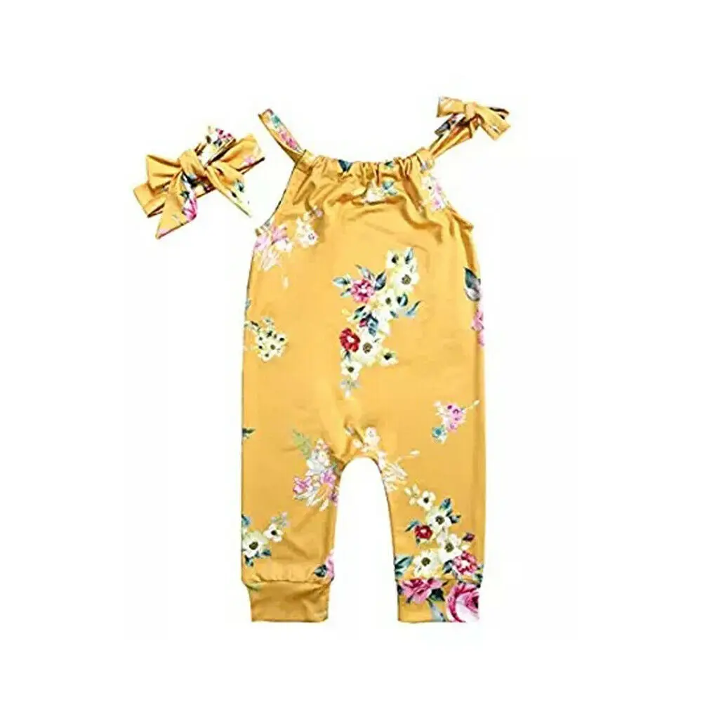 Комбинезон для малышей-девочек с цветочными лямками, без рукавов, на завязке + ободок с бантом для летнего наряда