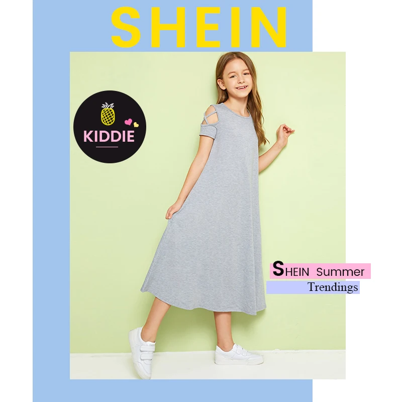 SHEIN/однотонное Повседневное платье с открытыми плечами и перекрещивающимися крест-накрест для детей; коллекция года; летние эластичные детские футболки с короткими рукавами