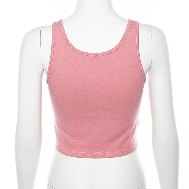 Женский укороченный топ без рукавов облегающая Розовая Майка с мультяшным