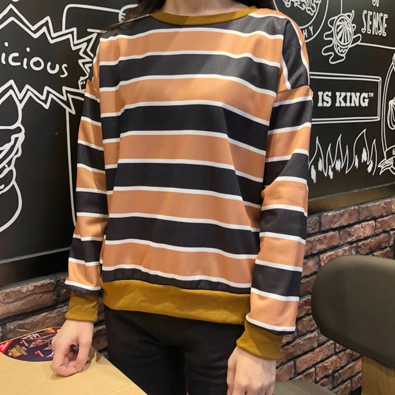 Women Contrast Color Striped Round Neck Casual Top T Shirts Femme Long Sleeve Fashion Harajuku T-shirt Lady Blue Orange | Женская одежда