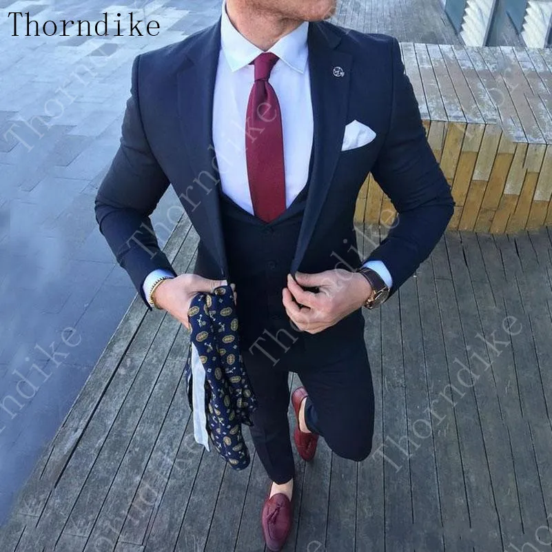 Модные темно синие смокинги для жениха Thorndike на одной пуговице мужские костюмы