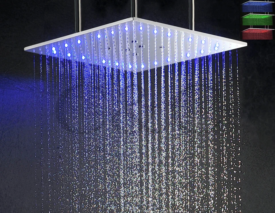 Temperature Sensitive 3 Colors LED Shower Head With Arms 20 Inch Ceiling Mounted Swash And Rainfall Top | Обустройство дома