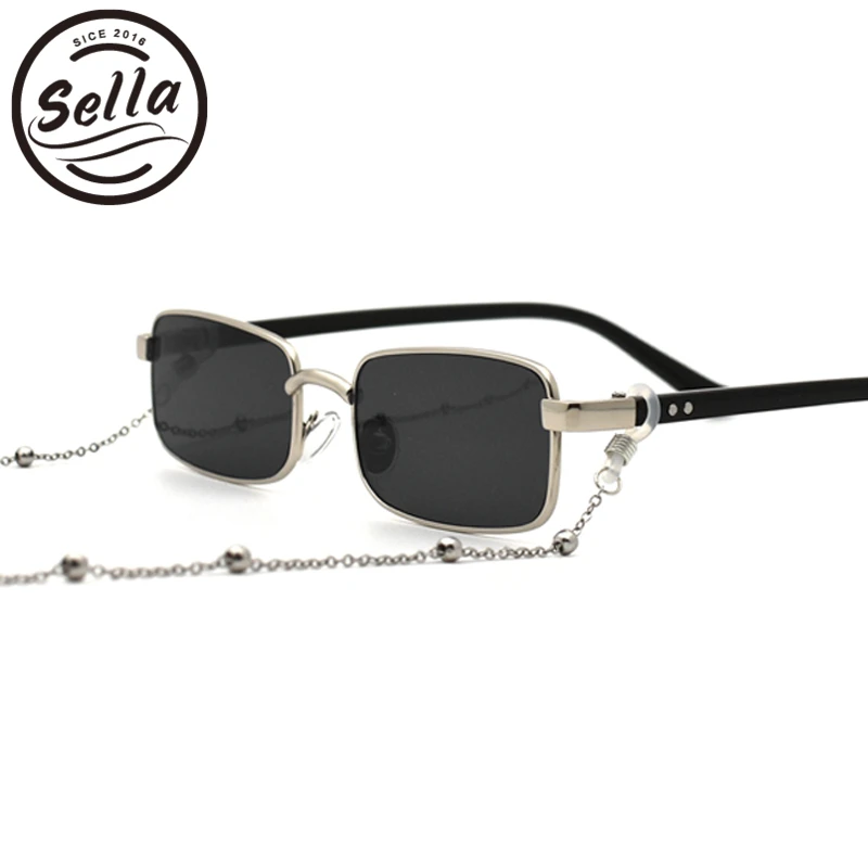 silver black chain Sella Ins хит Ретро Модные женские мужские Квадратные Солнцезащитные очки Harajuku винтажные желтые оранжевые Красные линзы оправа из сплава очки - Цвет линз: silver black chain