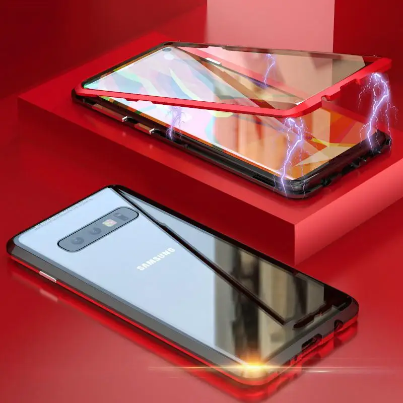 Для samsung Galaxy S10 плюс Магнитный чехол 360 для фронтального экрана+ задней панели двухсторонние с уровнем твердости 9H закаленное Стекло чехол для samsung S10E металлический бампер S10 - Цвет: Black-Red