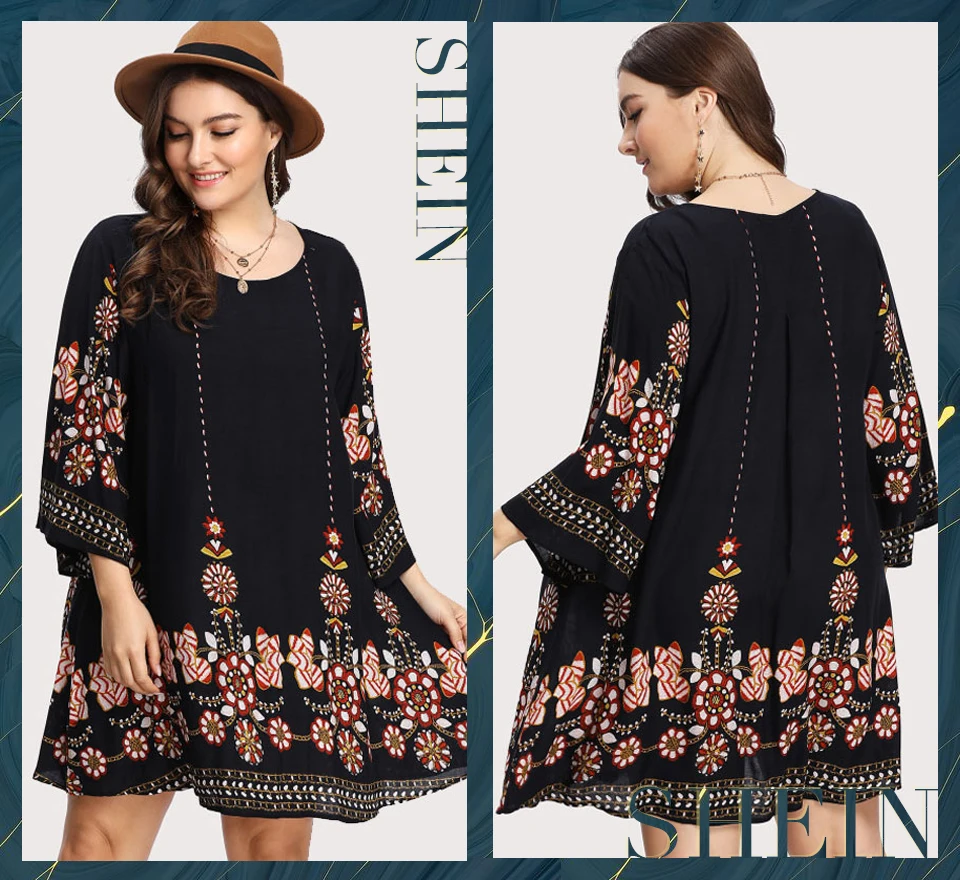 SHEIN Модное Платье С Цветочным Принтом Размера Плюс, Платье-Туника С Этническим Принтом И Длинным Рукавом