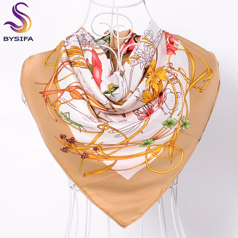[BYSIFA] синий зеленый шелковый шарф Новый китайский стиль цветочный дизайн