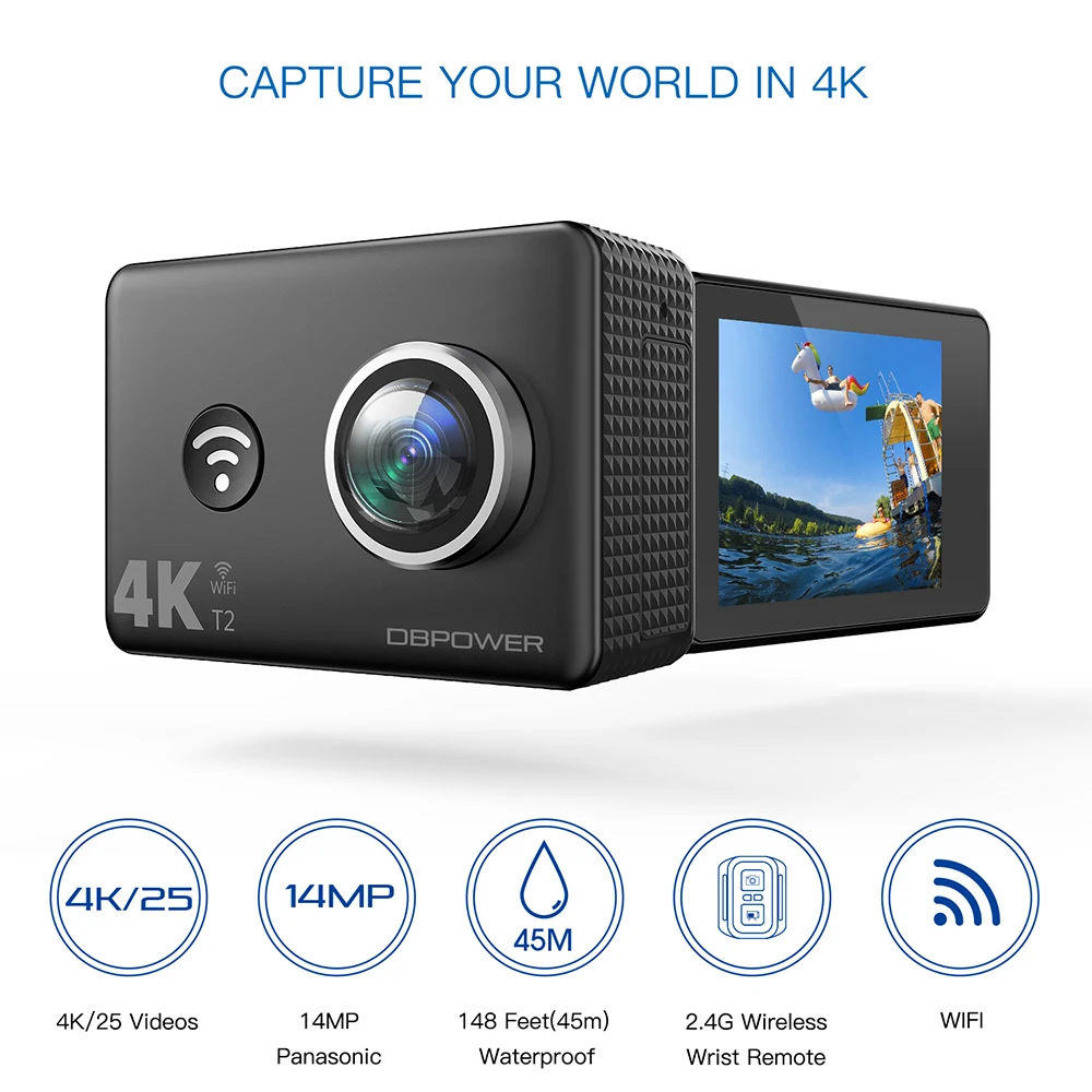 DBPOWER T2 4 К действие Камера 14MP 7 г объектив ультра FHD Водонепроницаемый Спорт Cam с 2