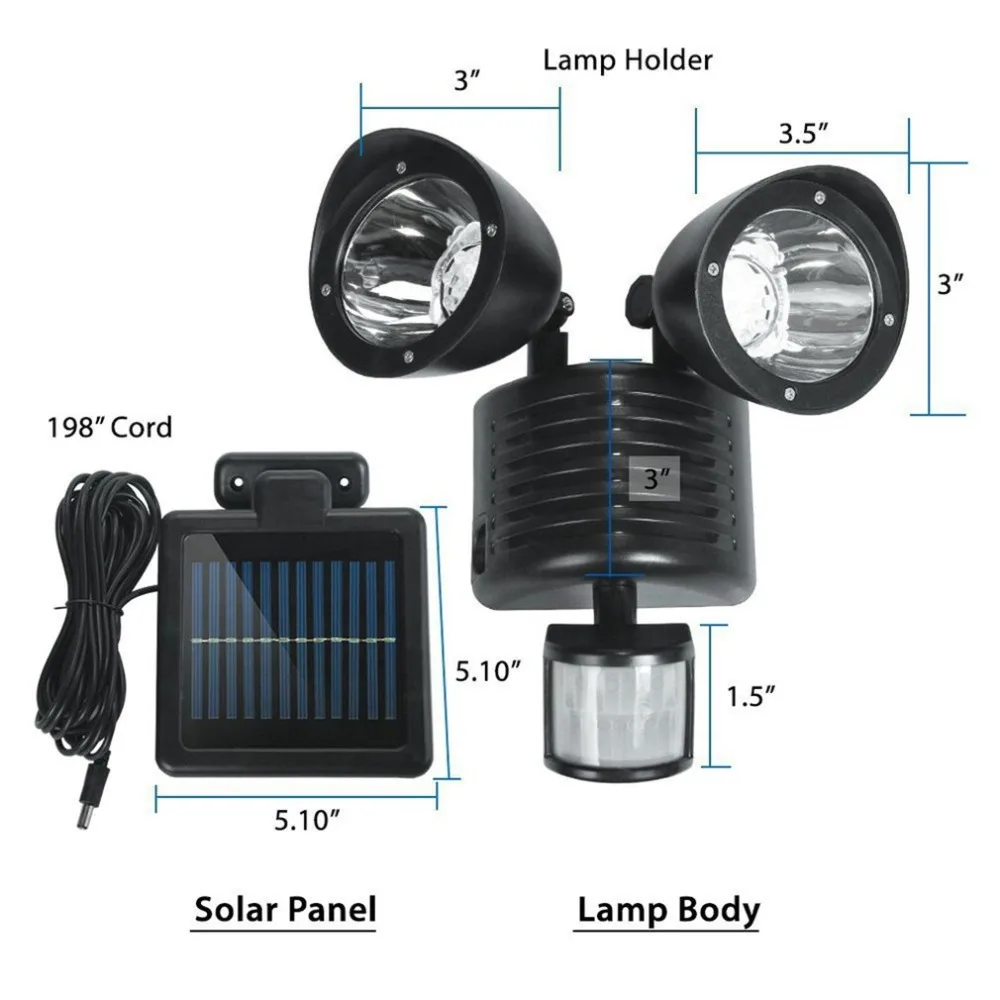 Двойной PIR голову Солнечный лампы движения Сенсор пятно Выделите для освещения