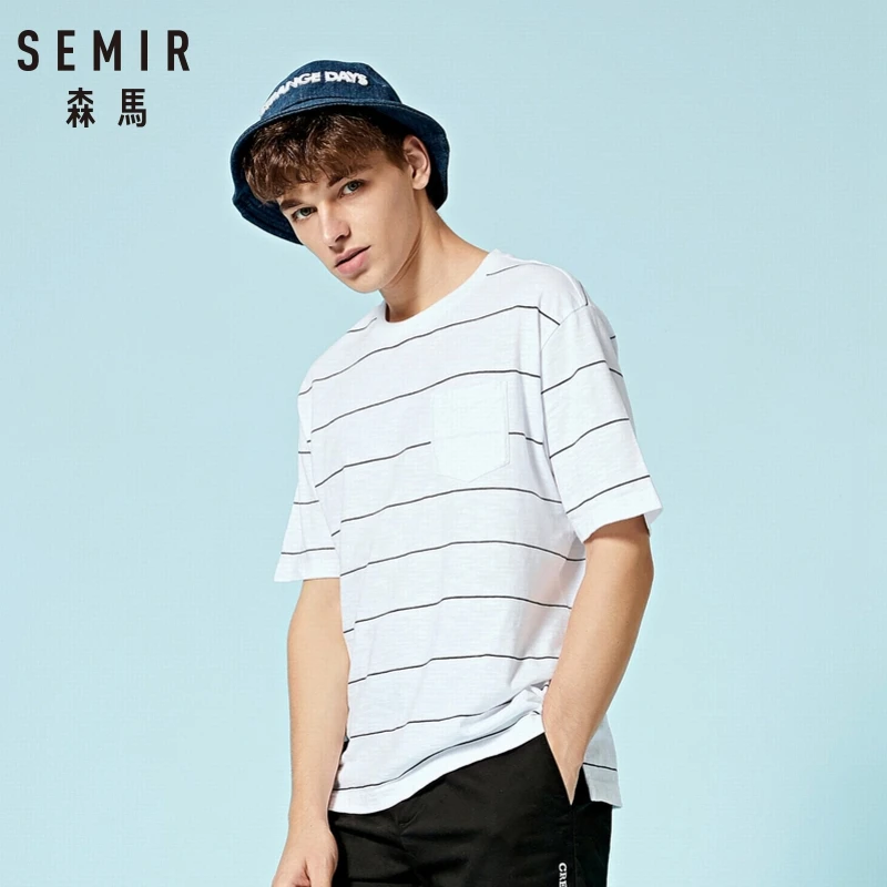 SEMIR мужская полосатая футболка с карманом на груди круглым вырезом топы для