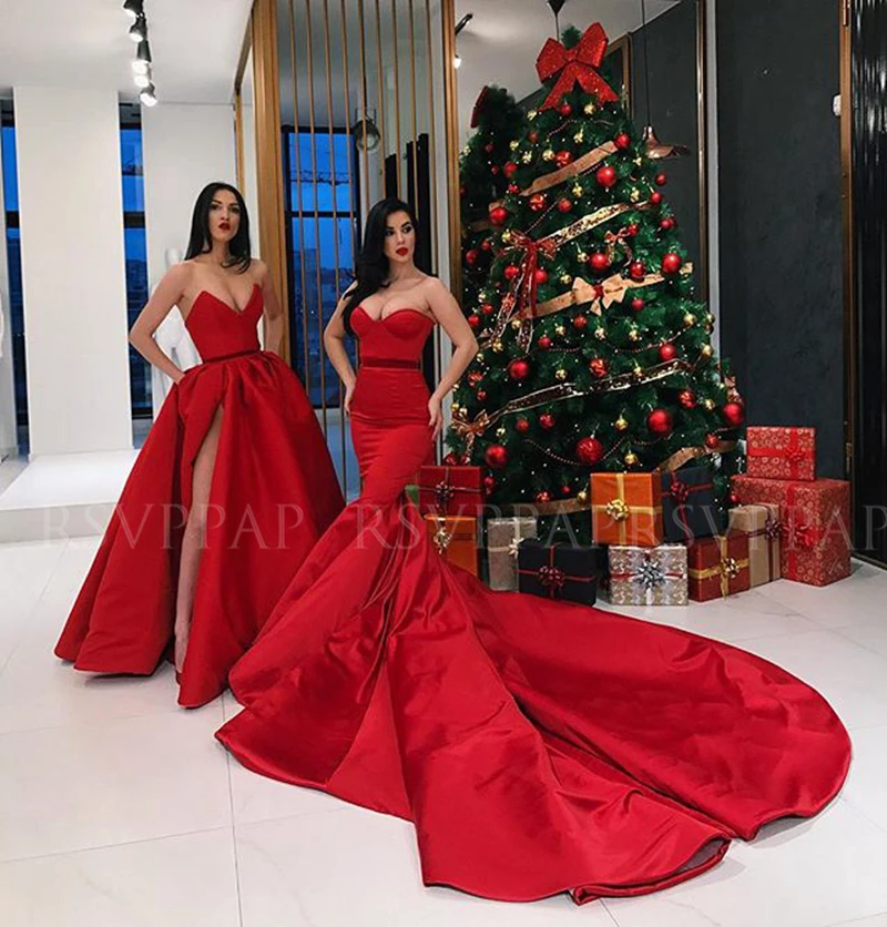 

Long Sexy Mermaid Red Evening Dresses 2020 Sweetheart Arabic Style Dubai Satin Party Formal Evening Gowns