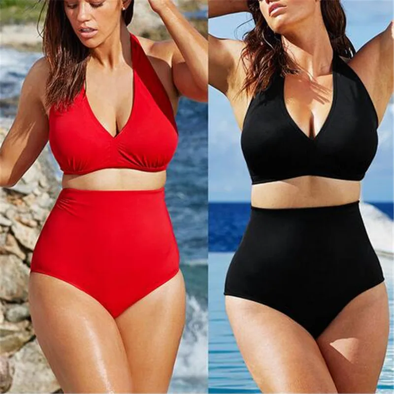Размера плюс с высокой талией купальники бикини женский однотонный Цвет
