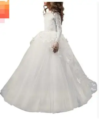 Слоновая кость Платье с цветочным узором для девочек Vestidos De Primera Comunion; Бальные платья для девочек; розовое кружевное платье с цветочным рисунком и длинными рукавами; - Цвет: Слоновая кость