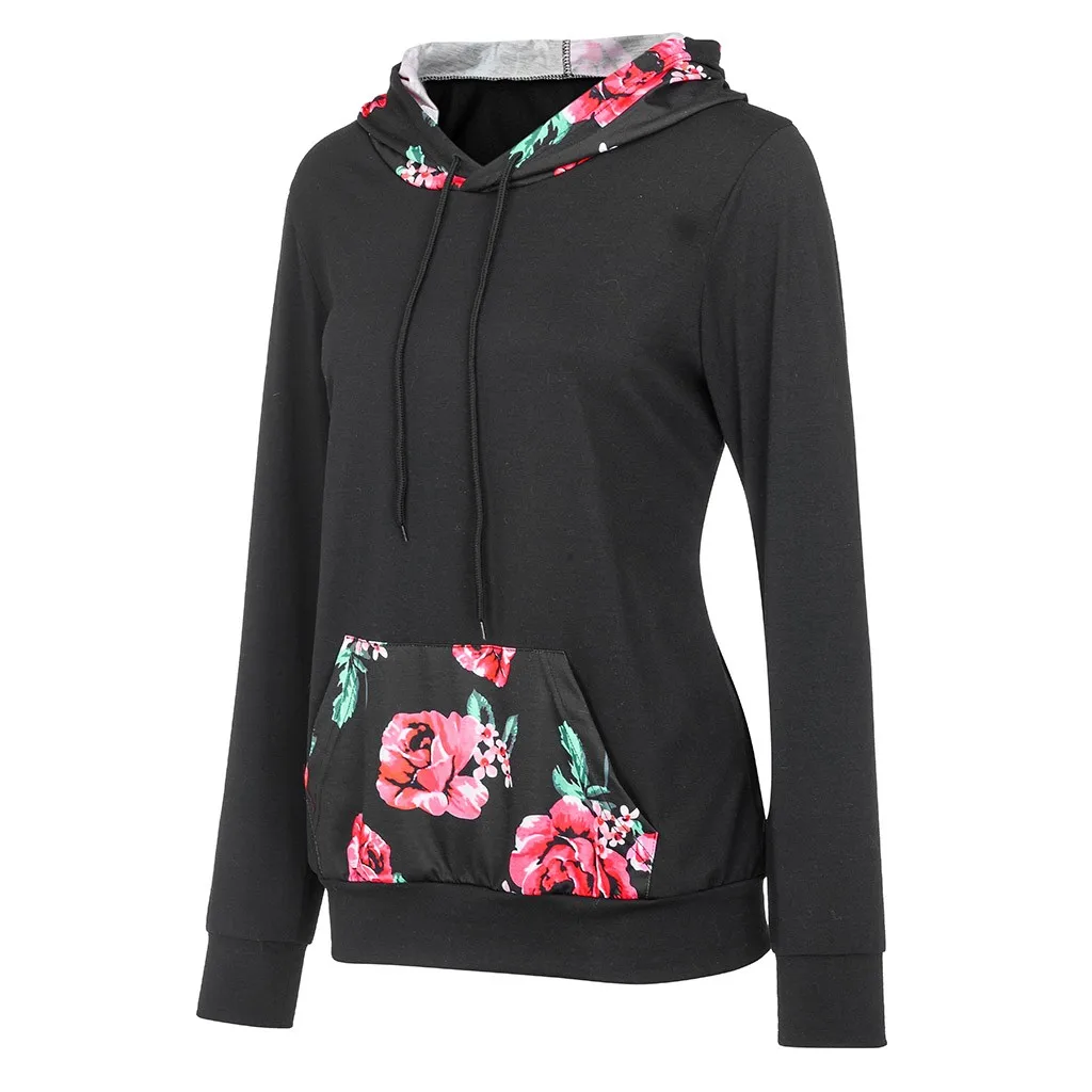 Женские толстовки с капюшоном цветочным принтом простые большие размеры длинным