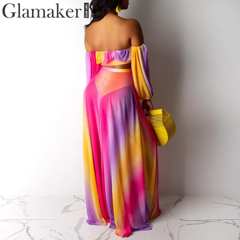 Glamaker, Радужный костюм из 3 предметов, винтажное платье, женское платье с открытыми плечами, негабаритное летнее макси платье на шнуровке, с высоким разрезом, вечерние, Клубные, vestidos