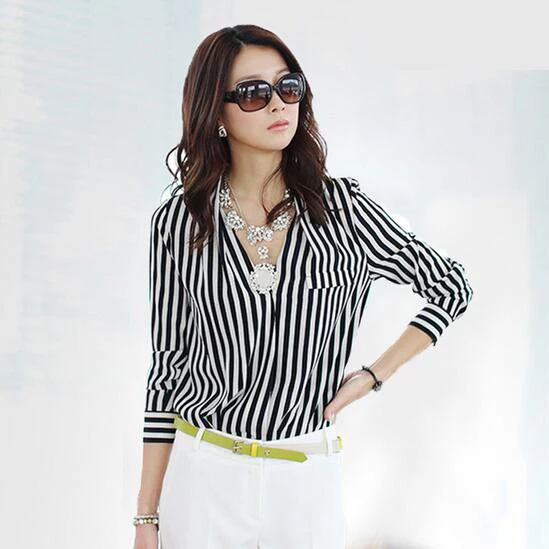 OL Women's Shirts Full Sleeve Striped Pleated Vetement Femme V-neck Top Women Slim Was Thin Ladies Office Formal Shirt |