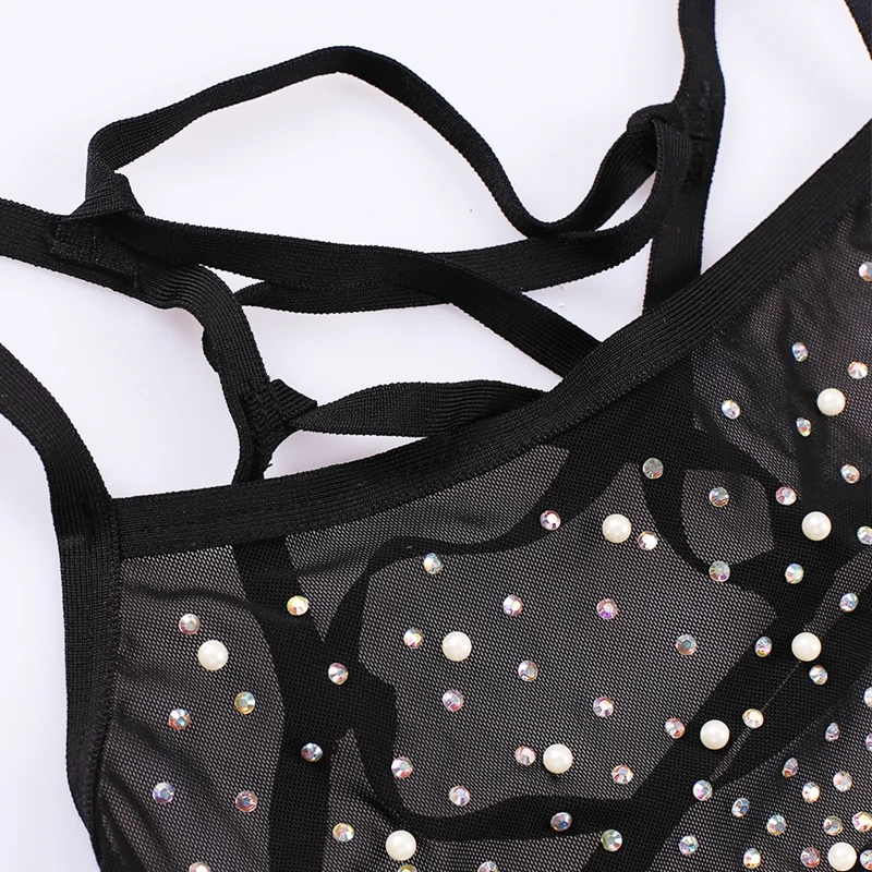 Ocstrade 2019 новая мода черный сетки и бисером Bodycon Женский костюм из двух предметов