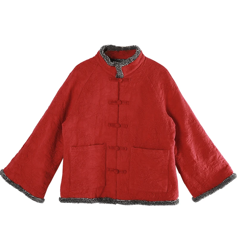 

LZJN Red Warm Overcoat Stand Collar Fleece Jacket Women Jacquard Chinese Outerwear Long Sleeve Floral Embroidery Faux Fur Coat