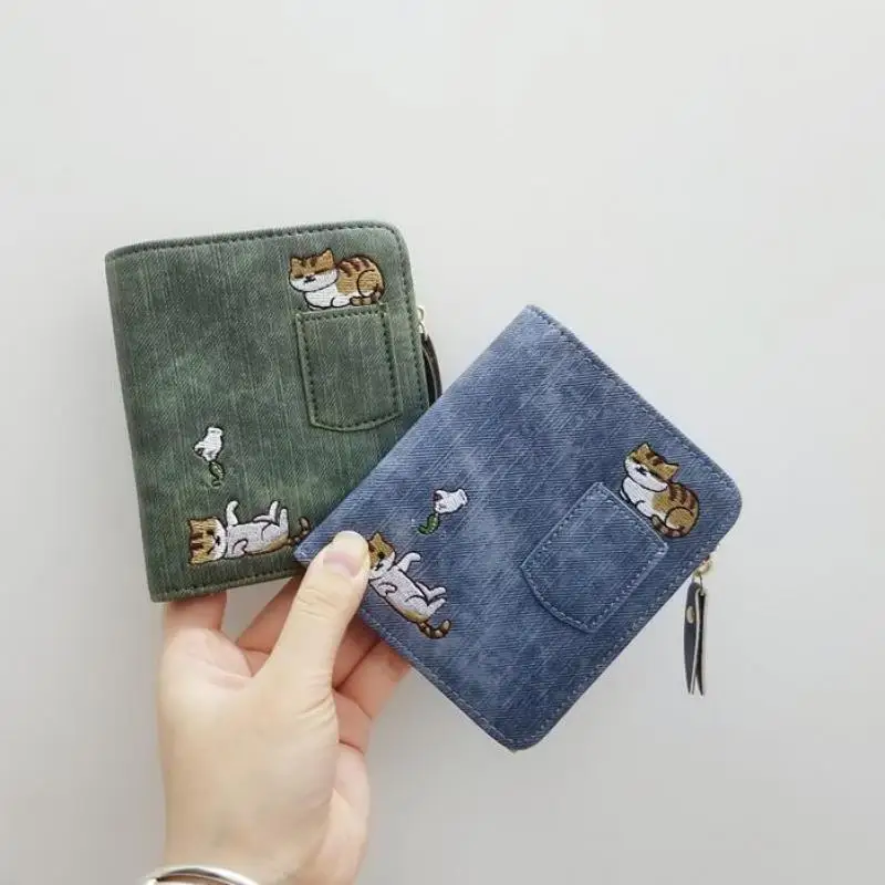 Embroidered Cat Wallet Small Zipper Coin Purse Bag Short Designed Cartoon Wallet Female Ladies Coin Wallet Mini Card Holders