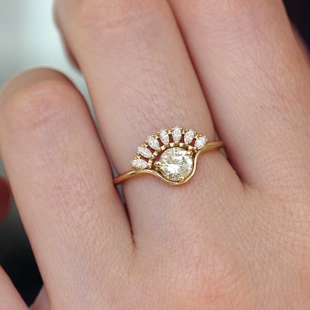 Marquise and Round Moissanite 1ctw lab Diamond Solitaire Обручальное кольцо для свадьбы Твердое 14K желтое