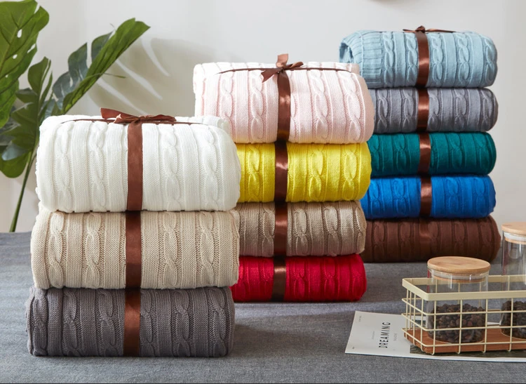 mylb cotton high quality handmade soft knit blanket bed blanket beige, red,brown,blue white, gray, pink knit sofa blanket
