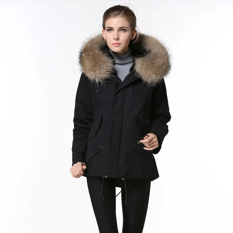

Winter Cool Black Fur parkas women Raccoon fur collar Thick fur Jacket