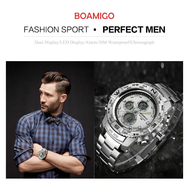 S-Shock мужские спортивные часы BOAMIGO брендовые аналоговые цифровые светодиодный электронные кварцевые часы со стальным ремешком 30 м Водонепроницаемые Relogio Masculino