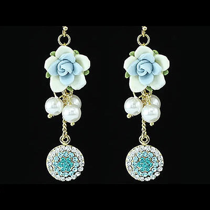 Синие висячие серьги CSE309 с павлиньими звездами розовыми цветами и австрийскими