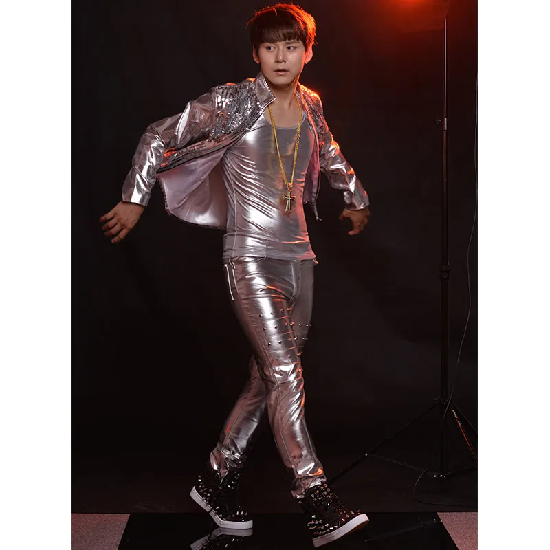 Мужские кожаные куртки с серебряными блестками для ночных клубов Кожаные