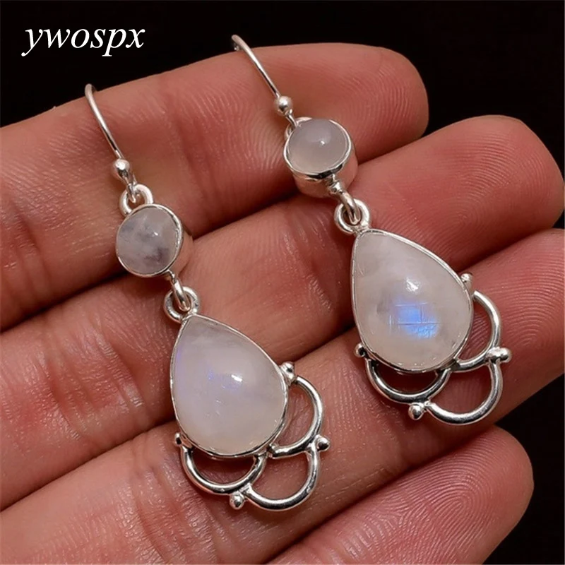 

YWOSPX Elegant Imitation Moonstone Brincos Silver Color Dangle Earrings for Women Jewelry Wedding Statement Earrings Gifts Y30