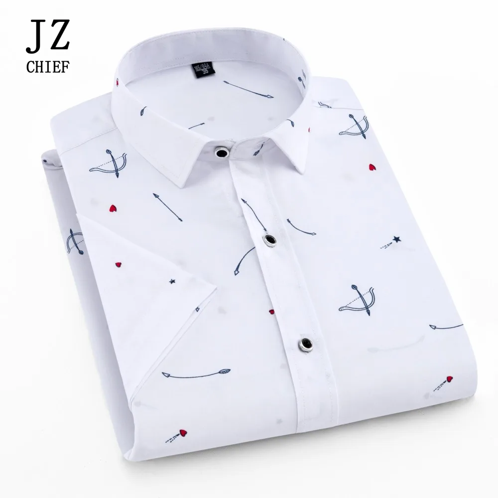 JZ CHIEF Mens печатных социальный Slim Fit рубашки модная одежда 2018 короткий рукав рубашка