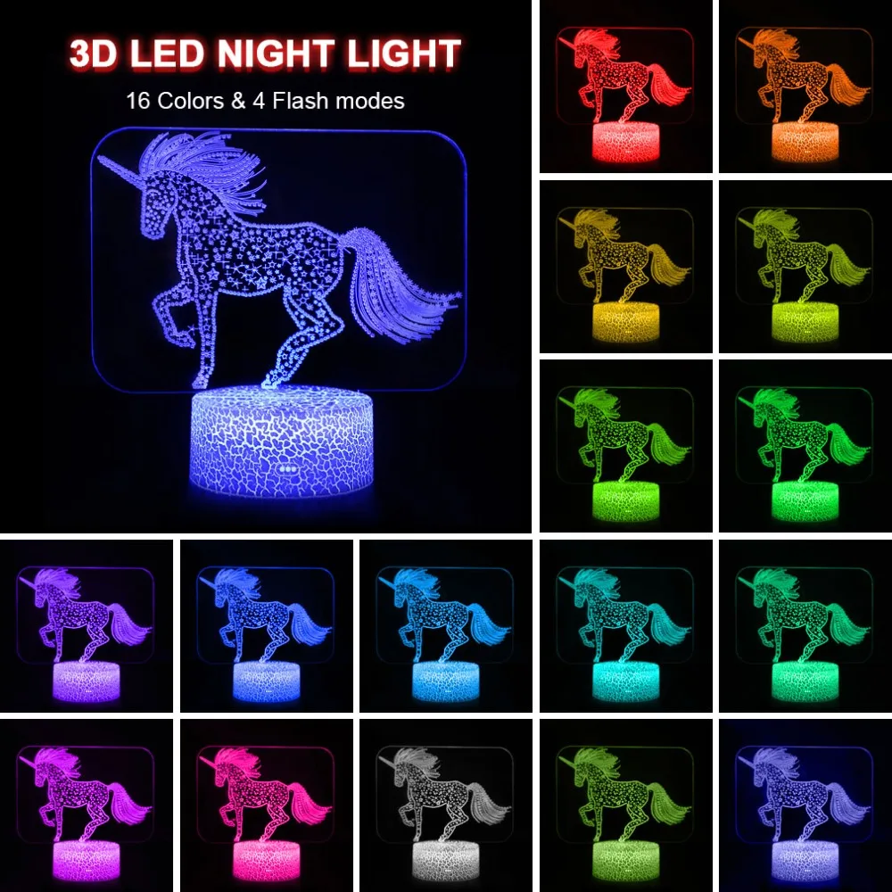 Единорог 3D светодиодный ночной Светильник 3D акрил Единорог настольная лампа Фонари мультфильм 16 Цвет Luminaria лава лампа Декор для малышей и детей постарше, подарок на Рождество