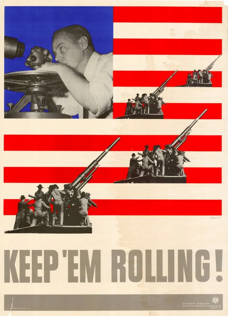 Винтажный пропагандистский постер времен 2 мировой войны в США танки и самолеты