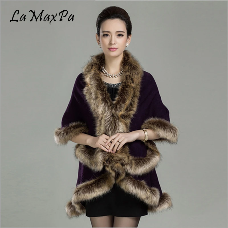 

LaMaxPa Long Wool Cashmere Faux Fox Fur Coats Women Poncho Double Cardigan Mujer Falso Pelaje Chaqueta Femme Fausse Fur Mantaeu