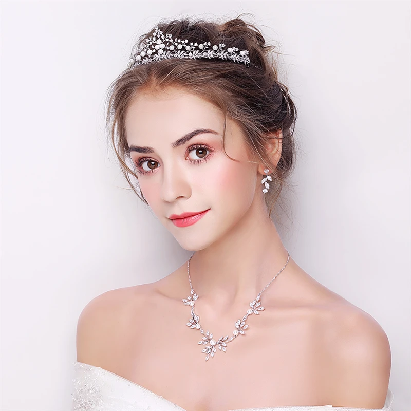 amupp New Cubic Zirconia Wedding Jewelry Sets Micro Paved Full CZ Zircon Brides Tiara Necklace and Earrings Set for Costume Prom | Украшения