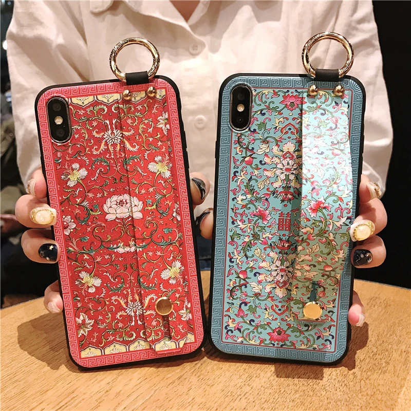 Чехол для телефона iphone XSMAX X XR XS в китайском стиле, Чонсам с цветами, ремешок на запястье, подставка из мягкого ТПУ чехол для iphone 6 6 S 7 8 Plus