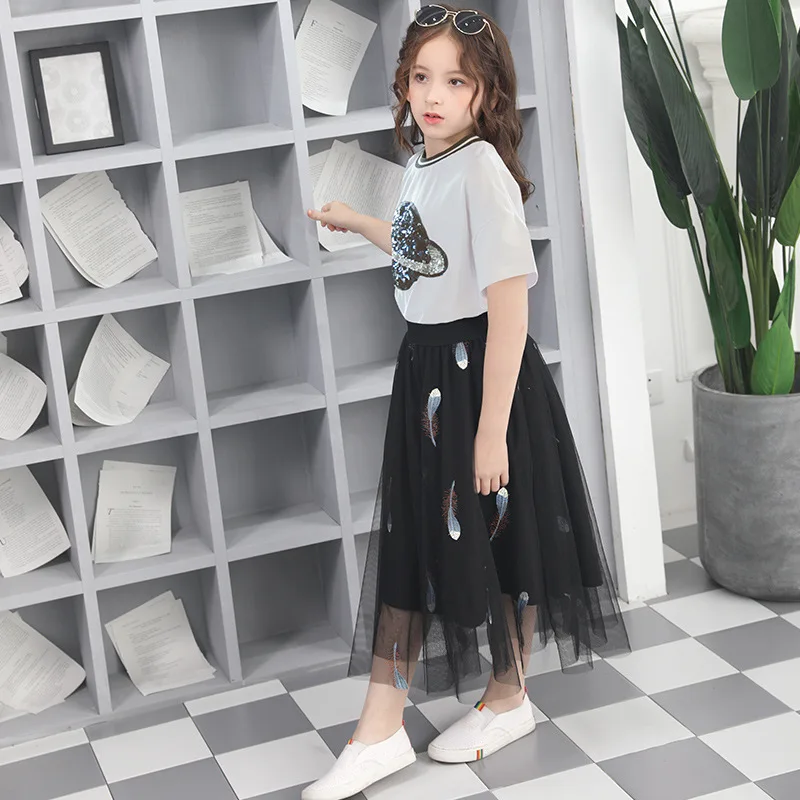 2019 юбка из двух частей для девочек летняя белая футболка + черные сетчатые юбки