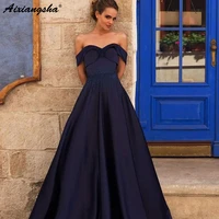 a line off the shoulder pleated satin navy blue prom dresses with beading robe de soiree long formal dress evening gown
