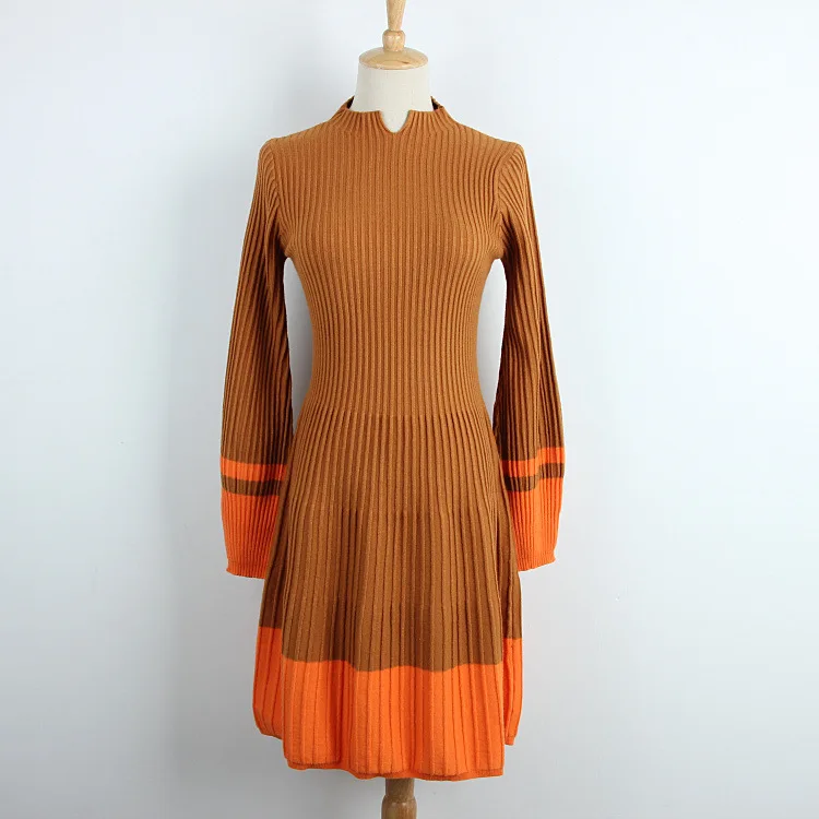 Вязаное зимнее платье для женщин 2018 Новое лоскутное свитер трапециевидной формы