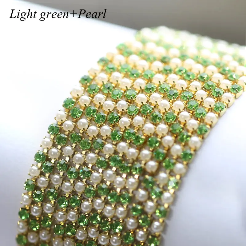 light green Новая ABS цепочка с жемчугом и стразами 10 ярдов/рулон хрустального стекла SS6/2 мм Золотая основа чашки закрытые цепочки Одежда Швейные стиль diy - Цвет: light green
