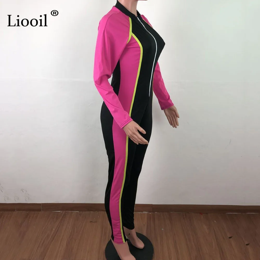 Liooil Лоскутные цветные полосатые обтягивающие сексуальные комбинезоны для женщин с длинным рукавом на молнии вечерние Клубные Комбинезоны Женский комбинезон s