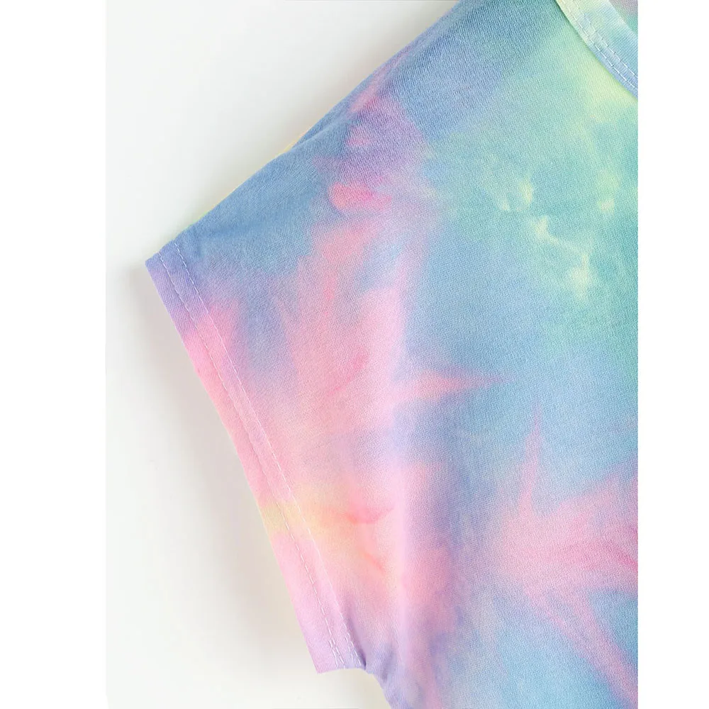 Женская Повседневная Свободная футболка с коротким рукавом и принтом Tie Dye, топы, блузы, летняя одежда для женщин, богемные летние топы для женщин