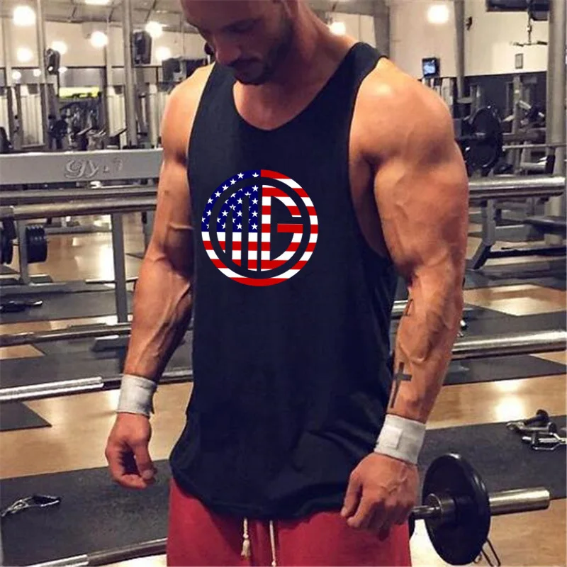 Summer men's bodybuilding fitness running vest cotton round neck sleeveless T-shirt moisture wicking quick-drying printing | Спорт и