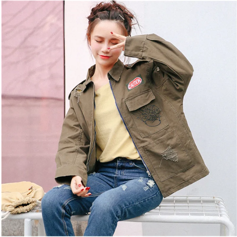

New Autumn European Embroidery Bomber Jacket Women Fashion Retro Long Sleeves coat Army Green Ladies Loose Casual Basic Coat