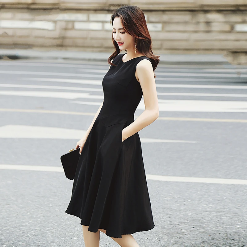 2019 новый ретро темперамент был тонкий Хепберн в длинный абзац черный большой