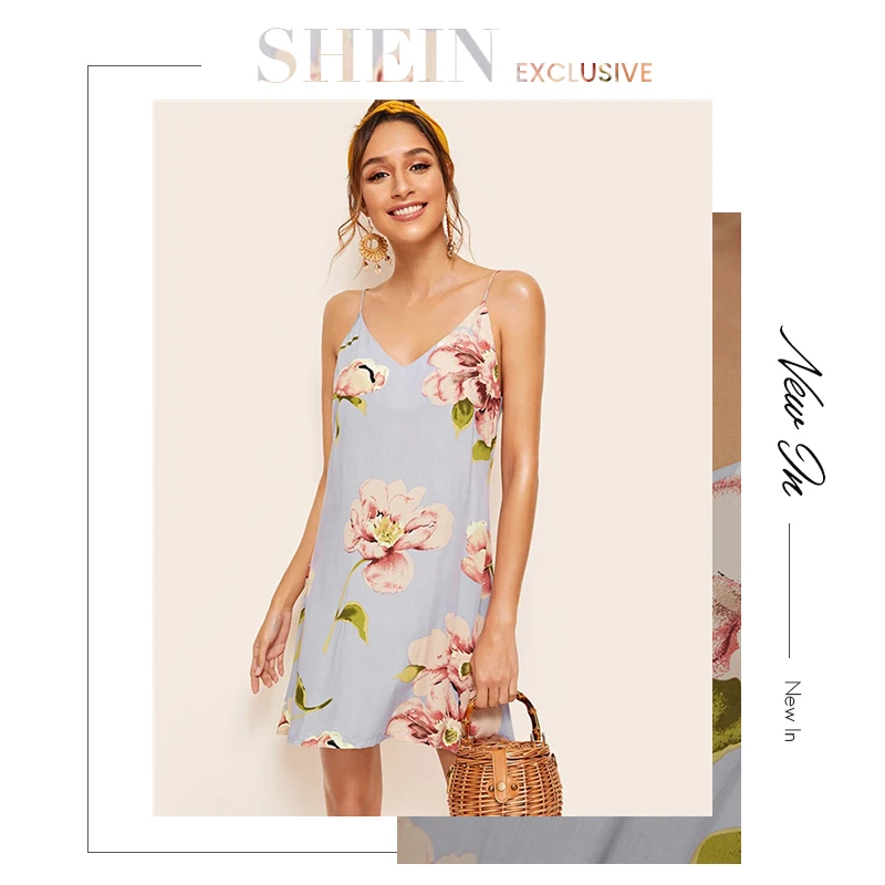 SHEIN синее летнее платье с цветочным принтом и двойным v-образным вырезом на бретельках, женское платье в стиле бохо, женские прямые короткие платья на бретельках