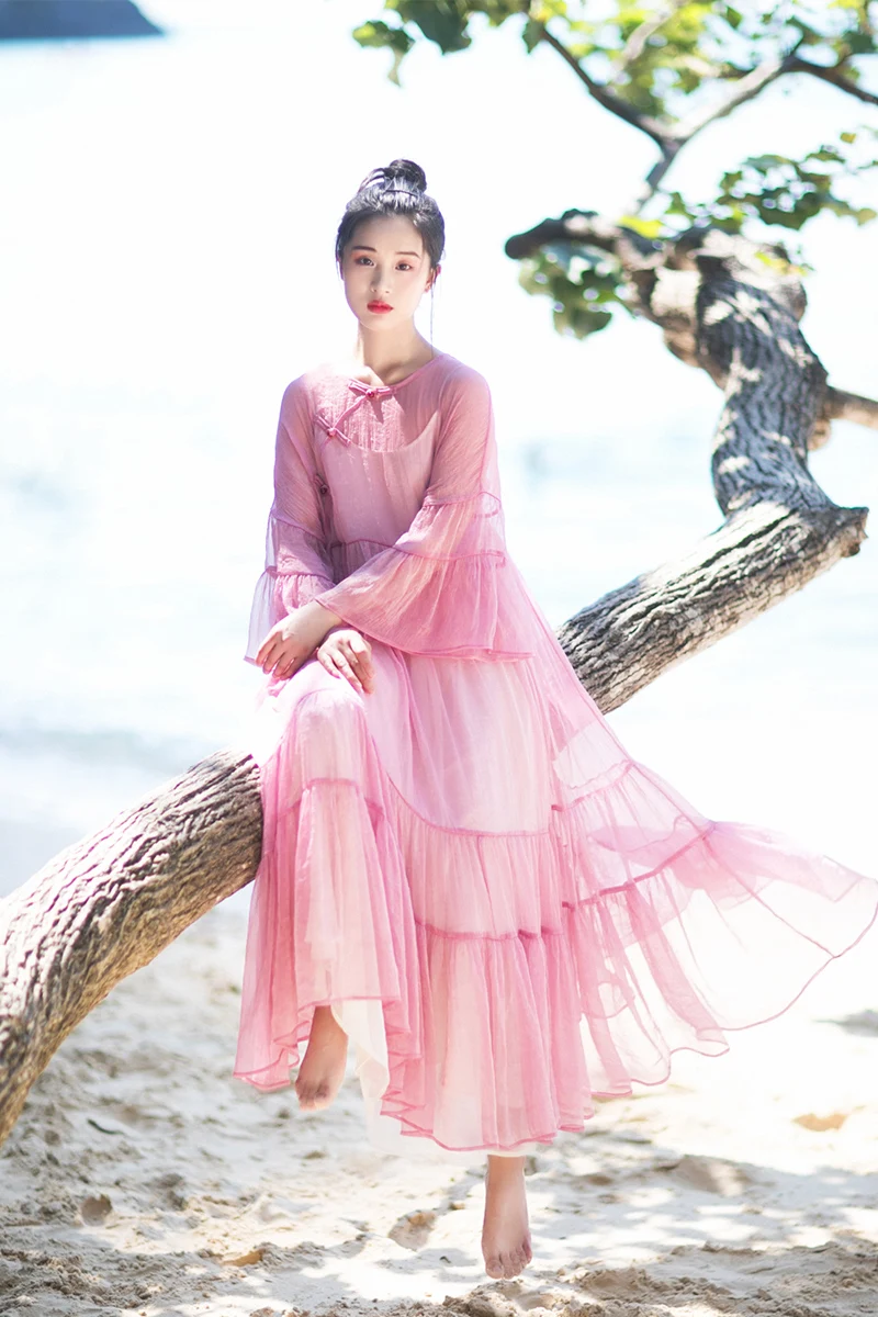 

IRINAW611 new arrival summer 2018 original design vintage flare sleeve loose a line see through beach chiffon long dress women