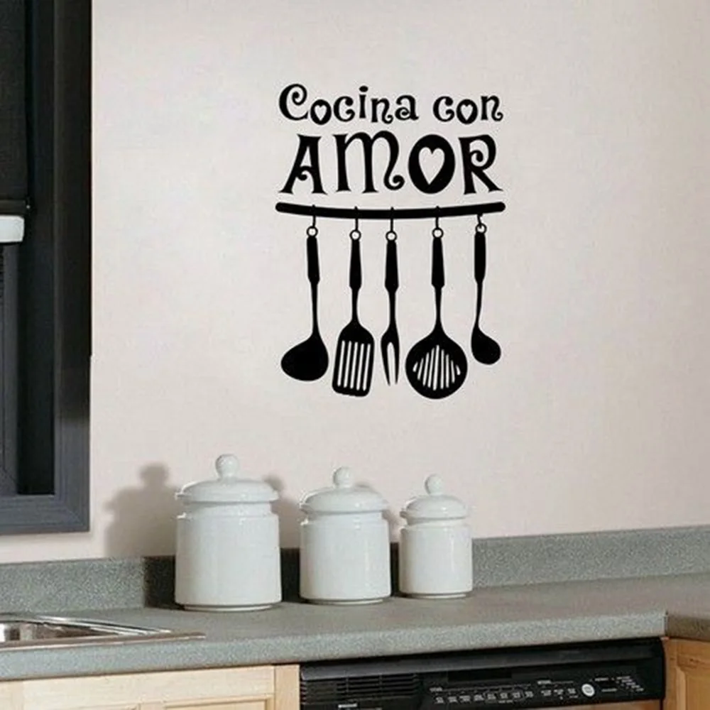 Испанские виниловые настенные наклейки с цитатами Cocina Con Amor Spoon Spatula кухонные для