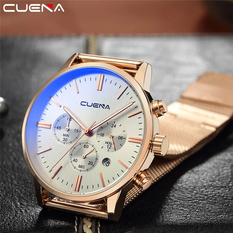 CUENA Watches Men Mesh Luxury Brand Strap Business Stainless Steel Watch Men's Quartz Multi-function Wrist | Наручные часы