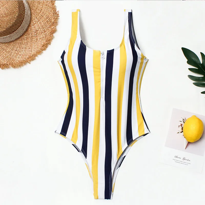 Yellow striped HELLO, пляжный Цельный купальник на молнии, арбузный женский купальник с принтом,, женский купальник в полоску, купальный костюм, монокини с подкладкой - Цвет: Yellow striped