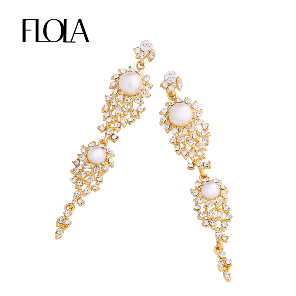 Flola жемчужные серьги с камнем Кристалл Длинные Серьги для Для женщин золотой